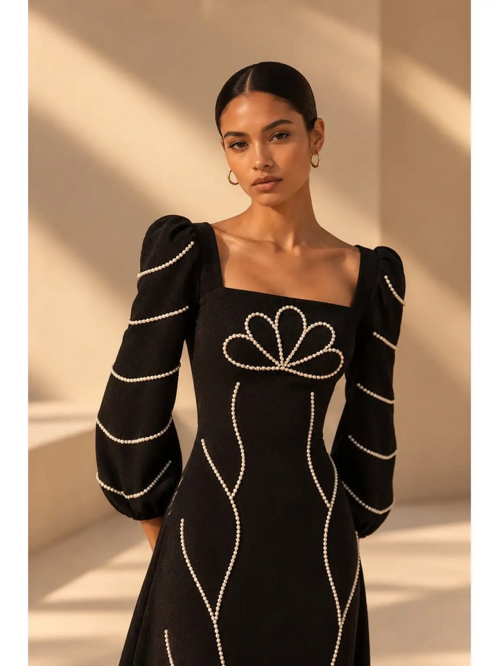 Embroidery Square Neck Puff Slv Dress