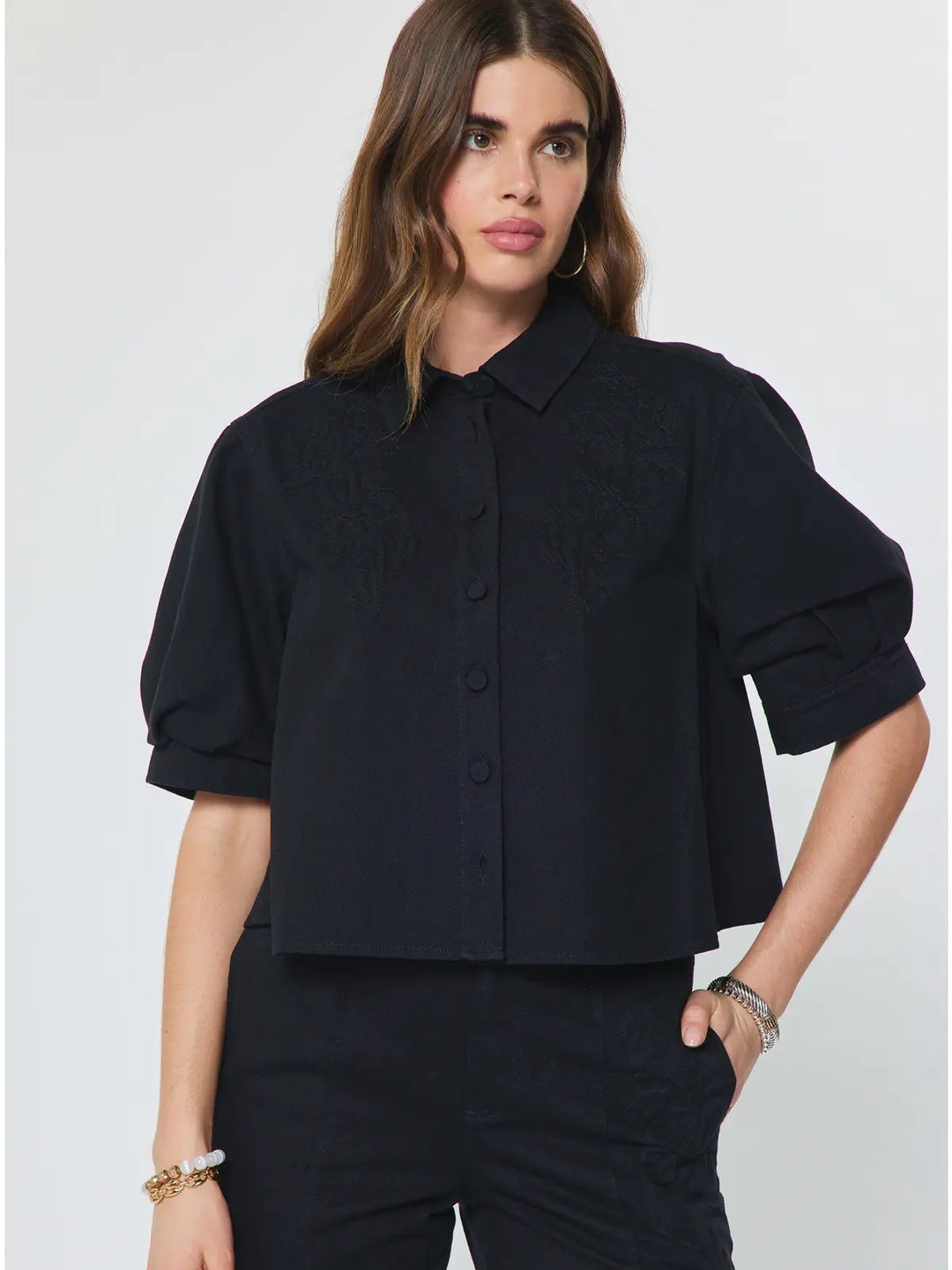 Embroidered Button Front Cropped Jacket