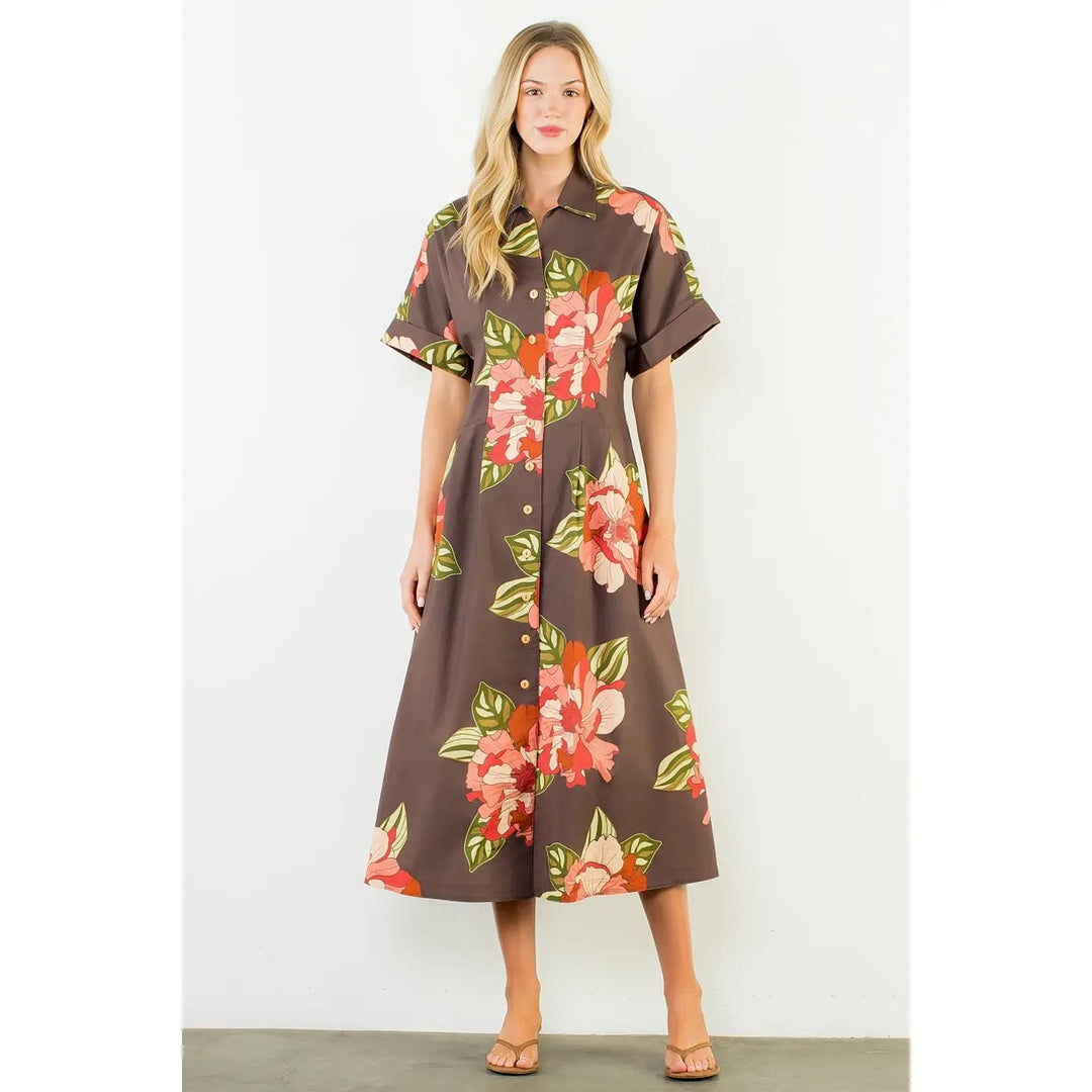 Long Flower Dress With Cuff Sleeves