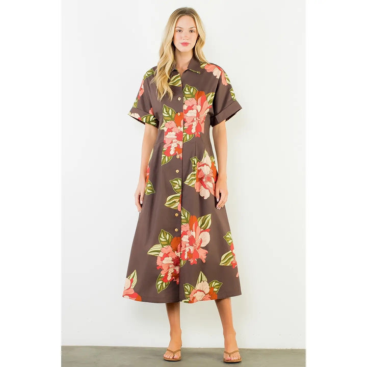 Long Flower Dress With Cuff Sleeves