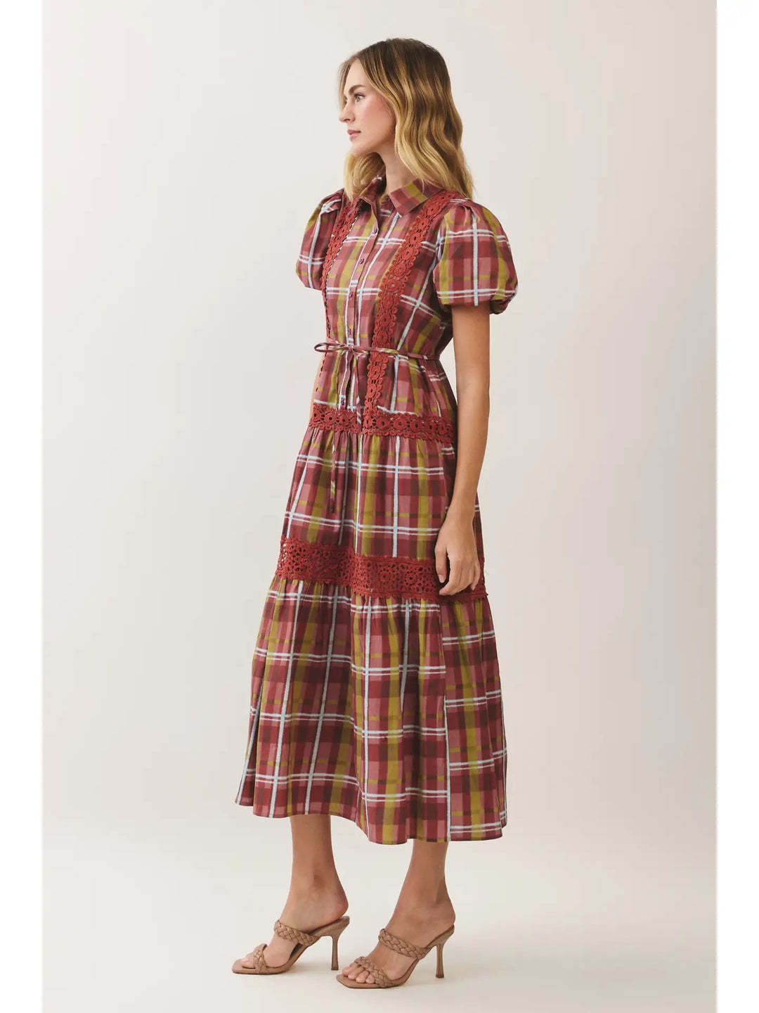 Plaid Lace Trim Tiered Midi Dress