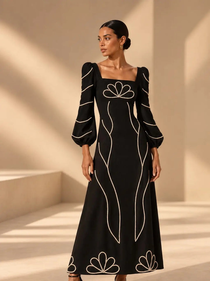 Embroidery Square Neck Puff Slv Dress