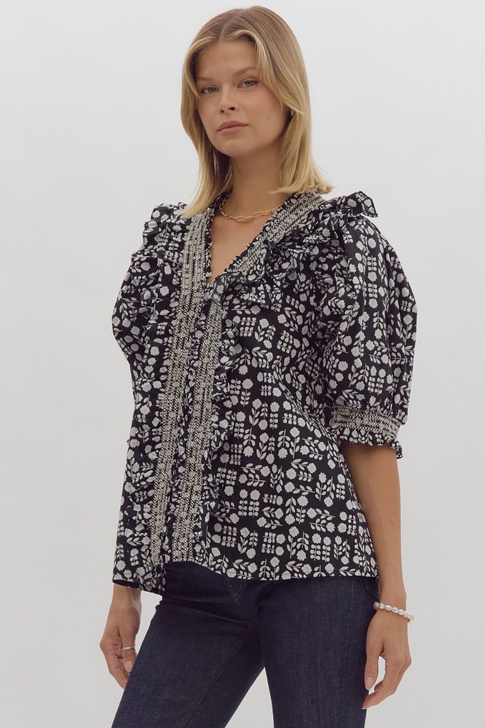 Printed Contrast Stitching Blouse