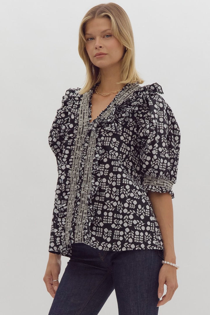 Printed Contrast Stitching Blouse