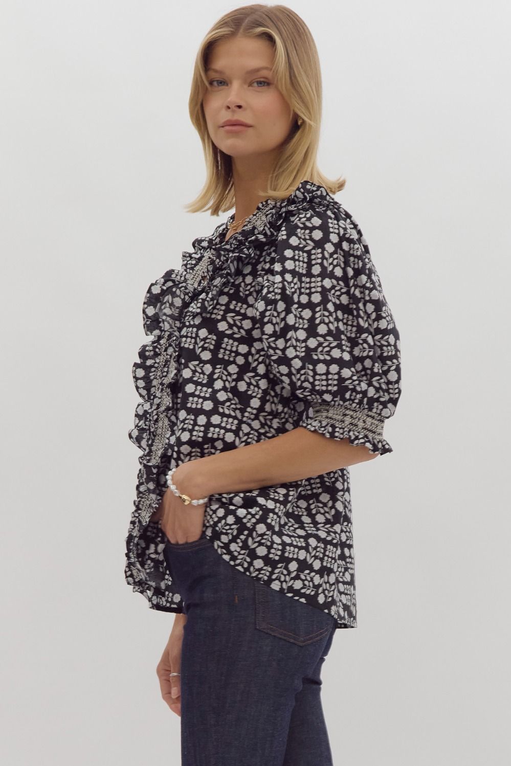 Printed Contrast Stitching Blouse