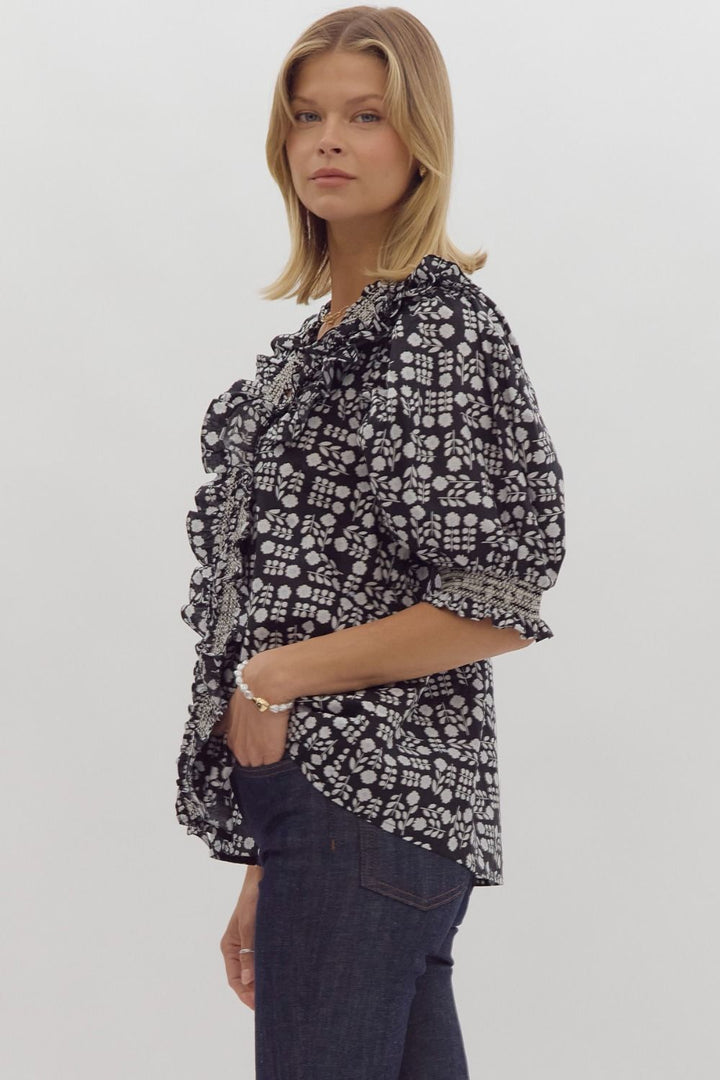 Printed Contrast Stitching Blouse