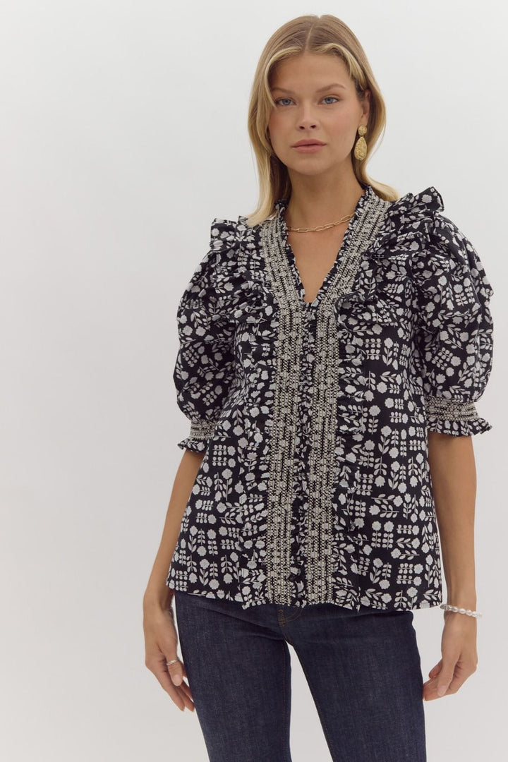 Printed Contrast Stitching Blouse