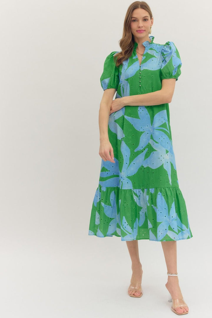 Botanical Puff Sleeve Midi Dress