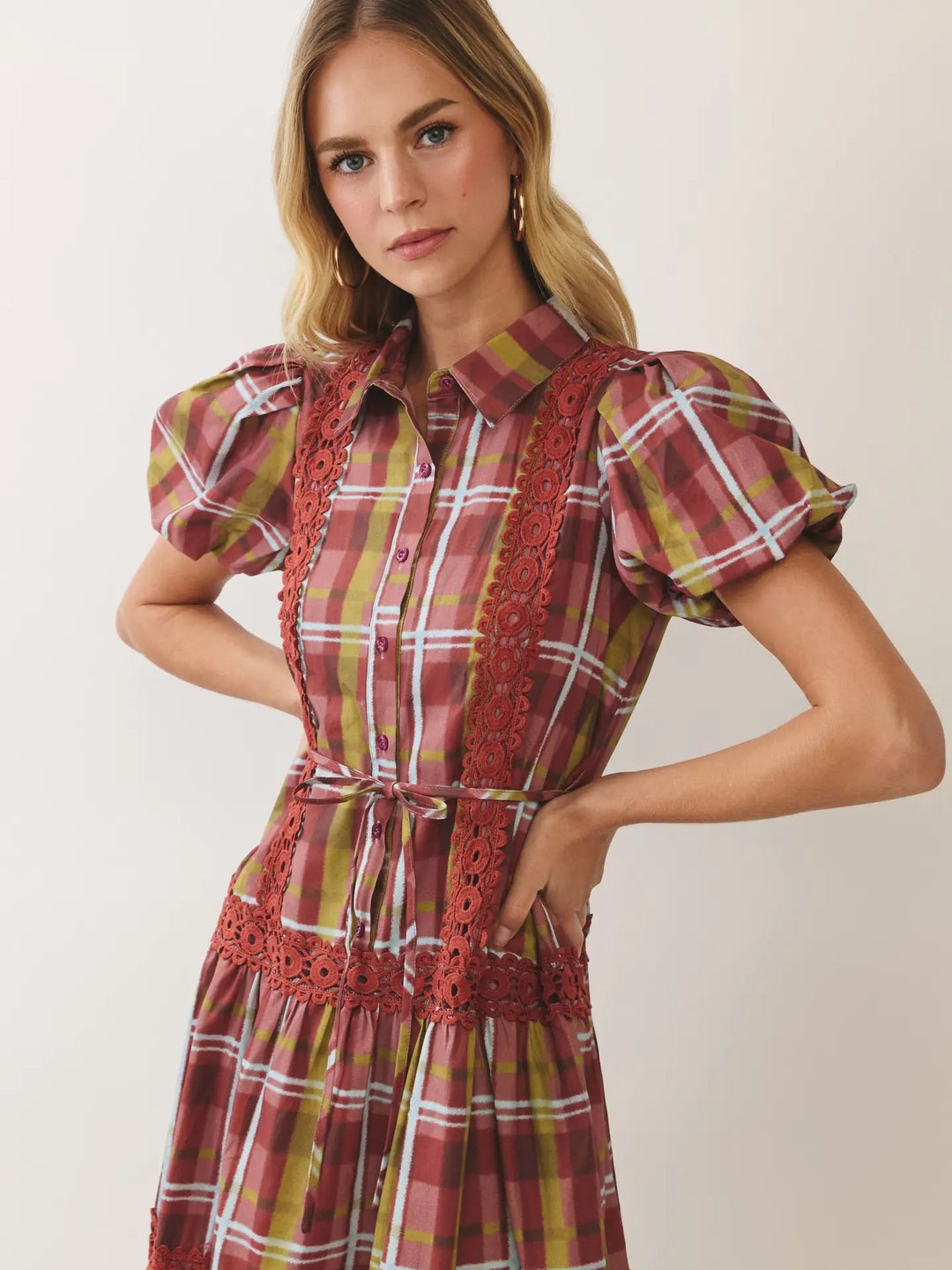 Plaid Lace Trim Tiered Midi Dress