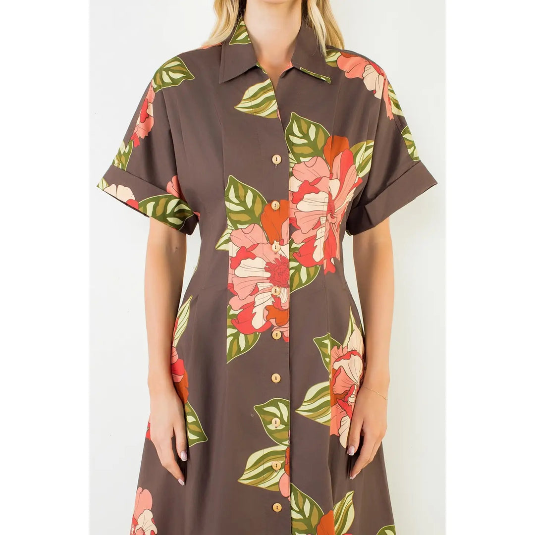 Long Flower Dress With Cuff Sleeves