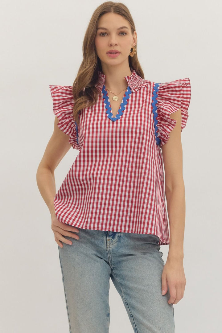 Checkered Flutter Sleeve Top