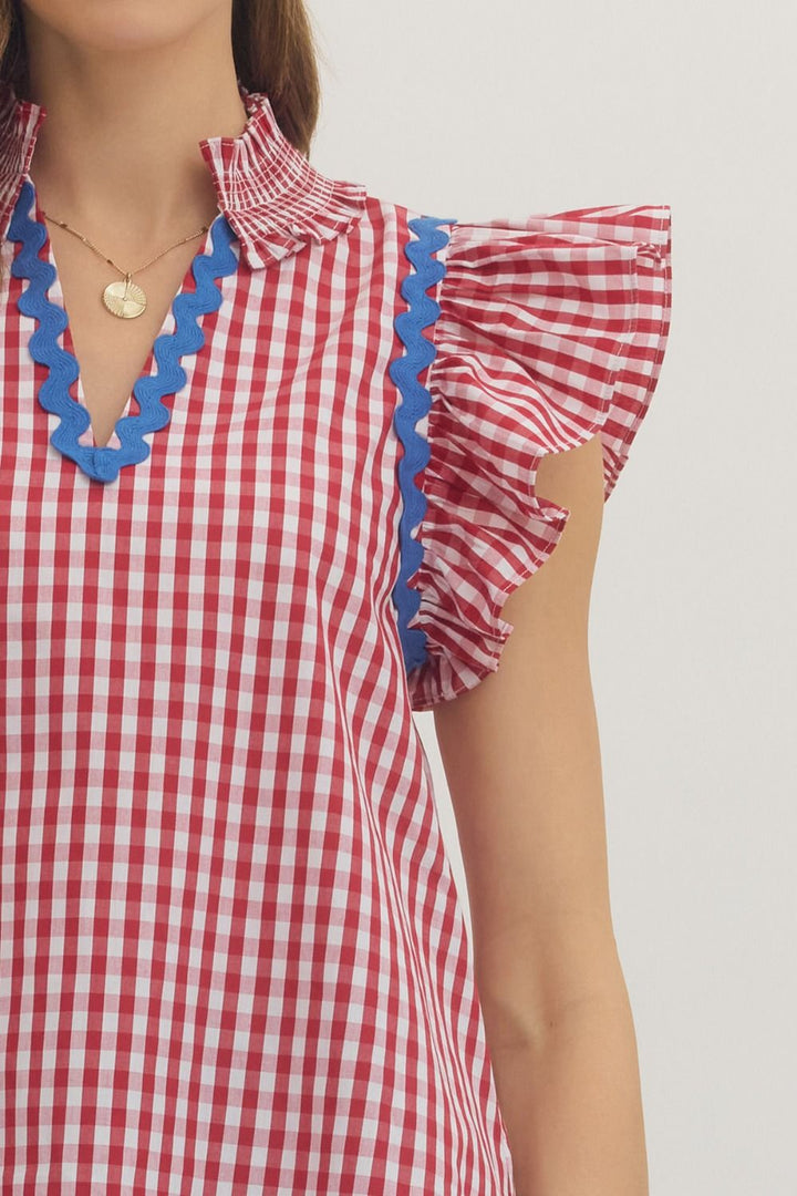 Checkered Flutter Sleeve Top