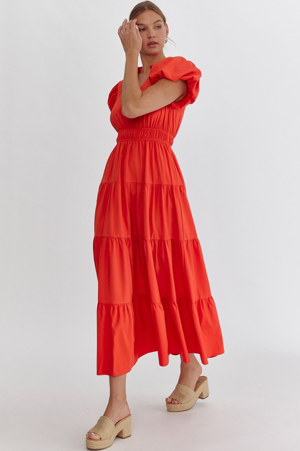 VNeck Bubble Sleeve Midi Dress