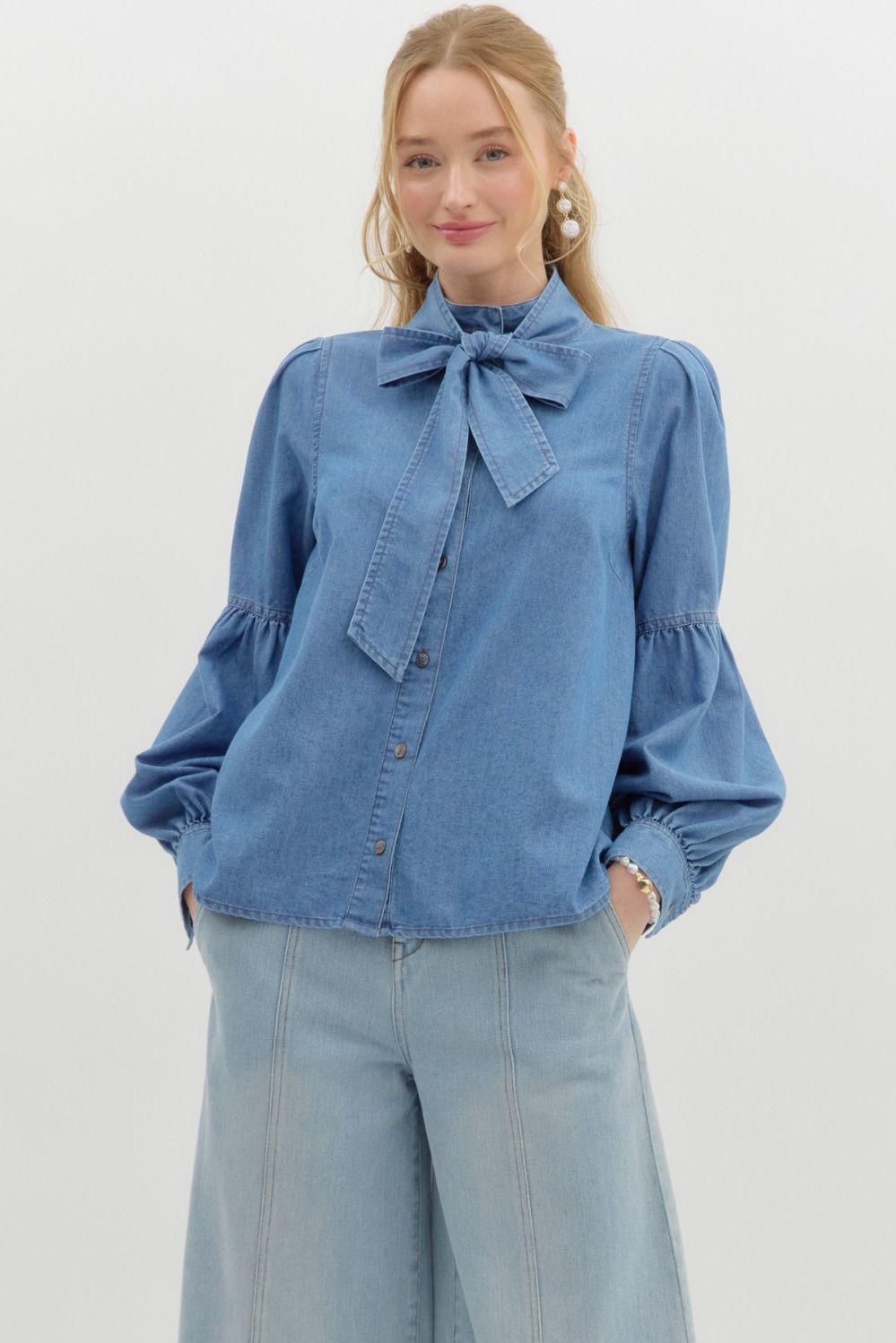 Denim Bow Tie Blouse