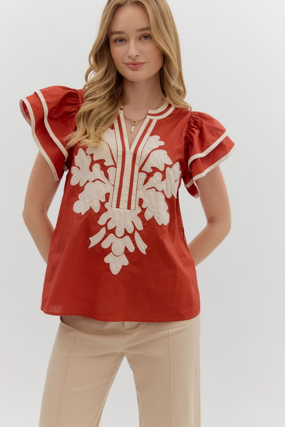 T27586 Solid Flutter Sleeve Top