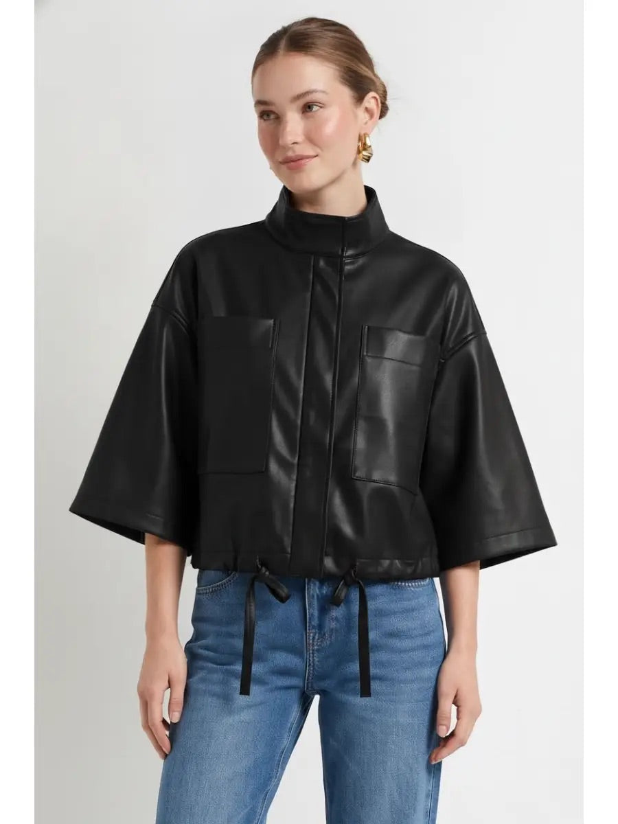 Drawstring Boxy Leather Jacket