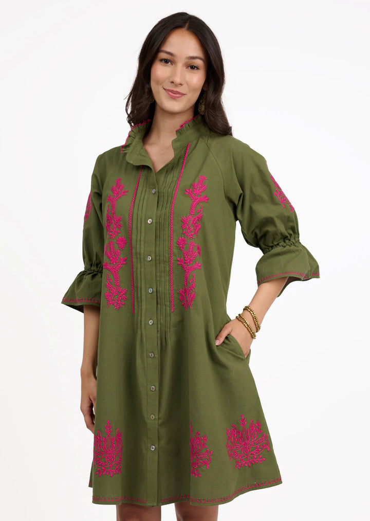 Olive Embroidered Flare Dress