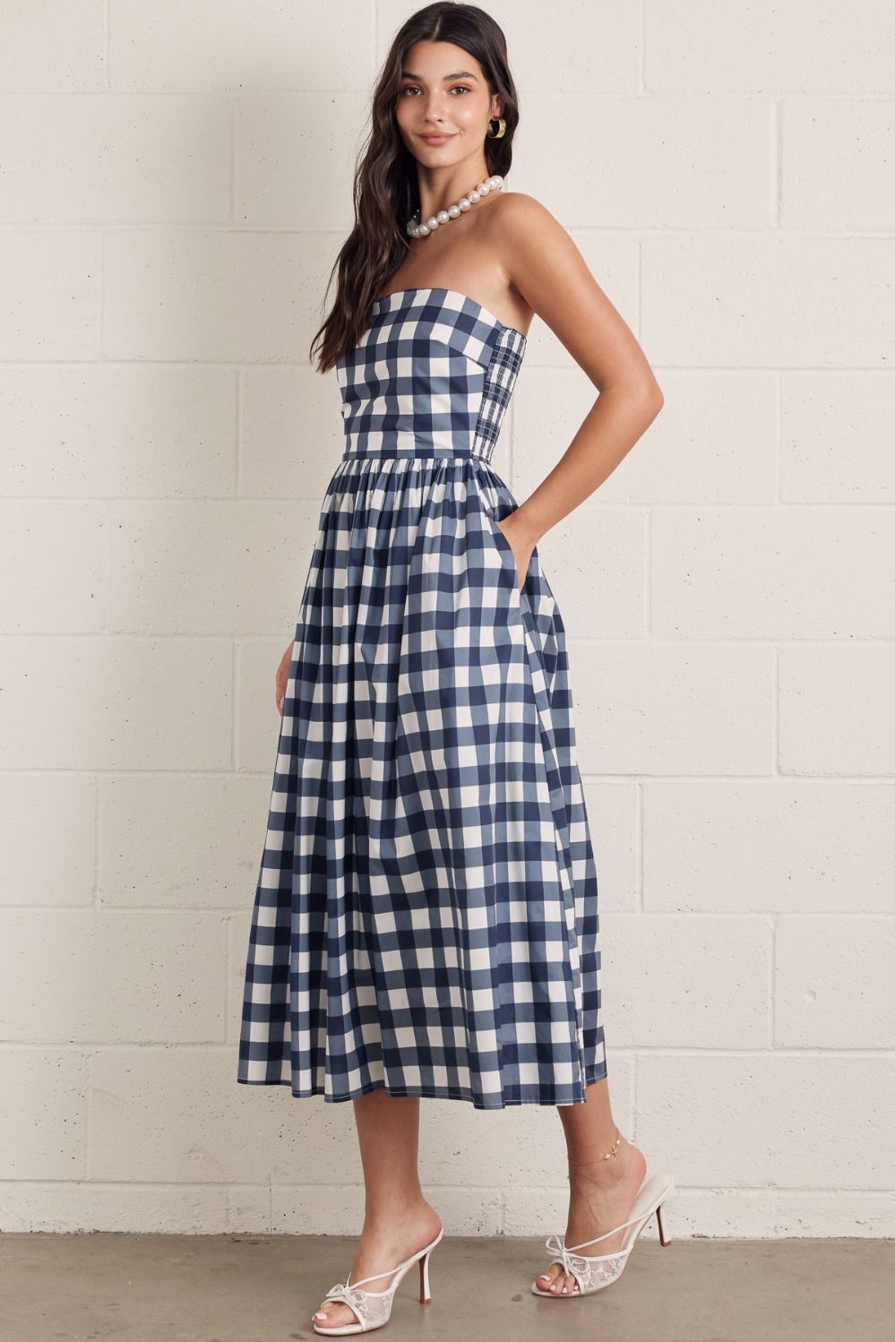 Gingham Strapless Midi Dress