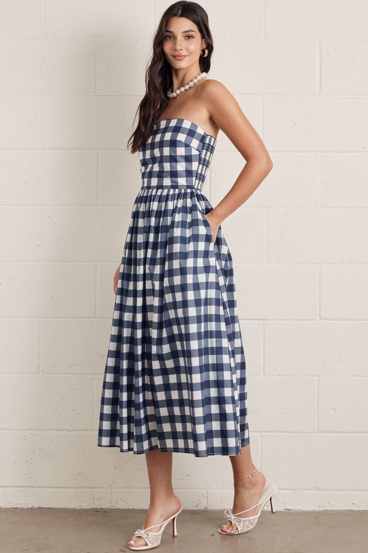 Gingham Strapless Midi Dress