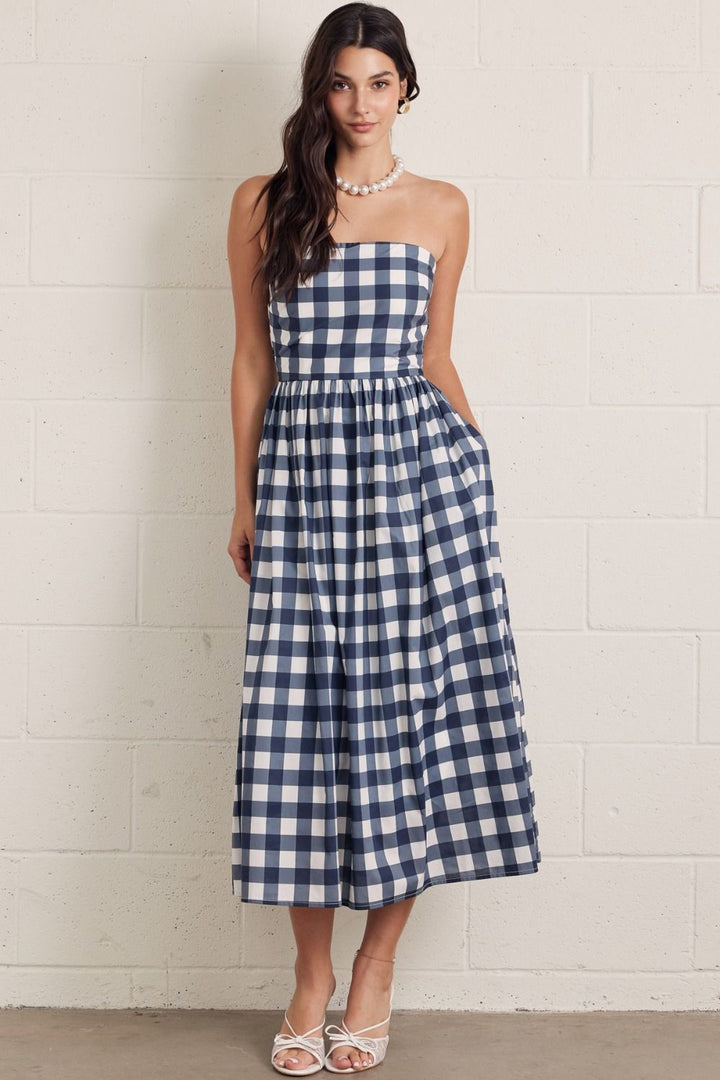 Gingham Strapless Midi Dress