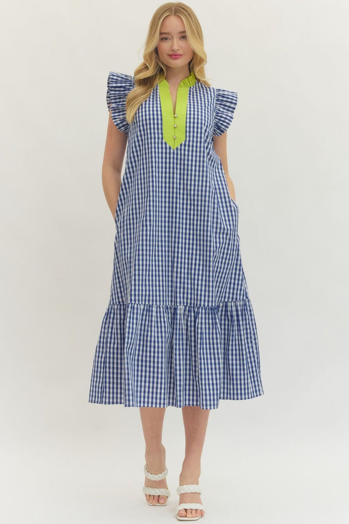 Gingham Flutter Sleeve Midi Dress