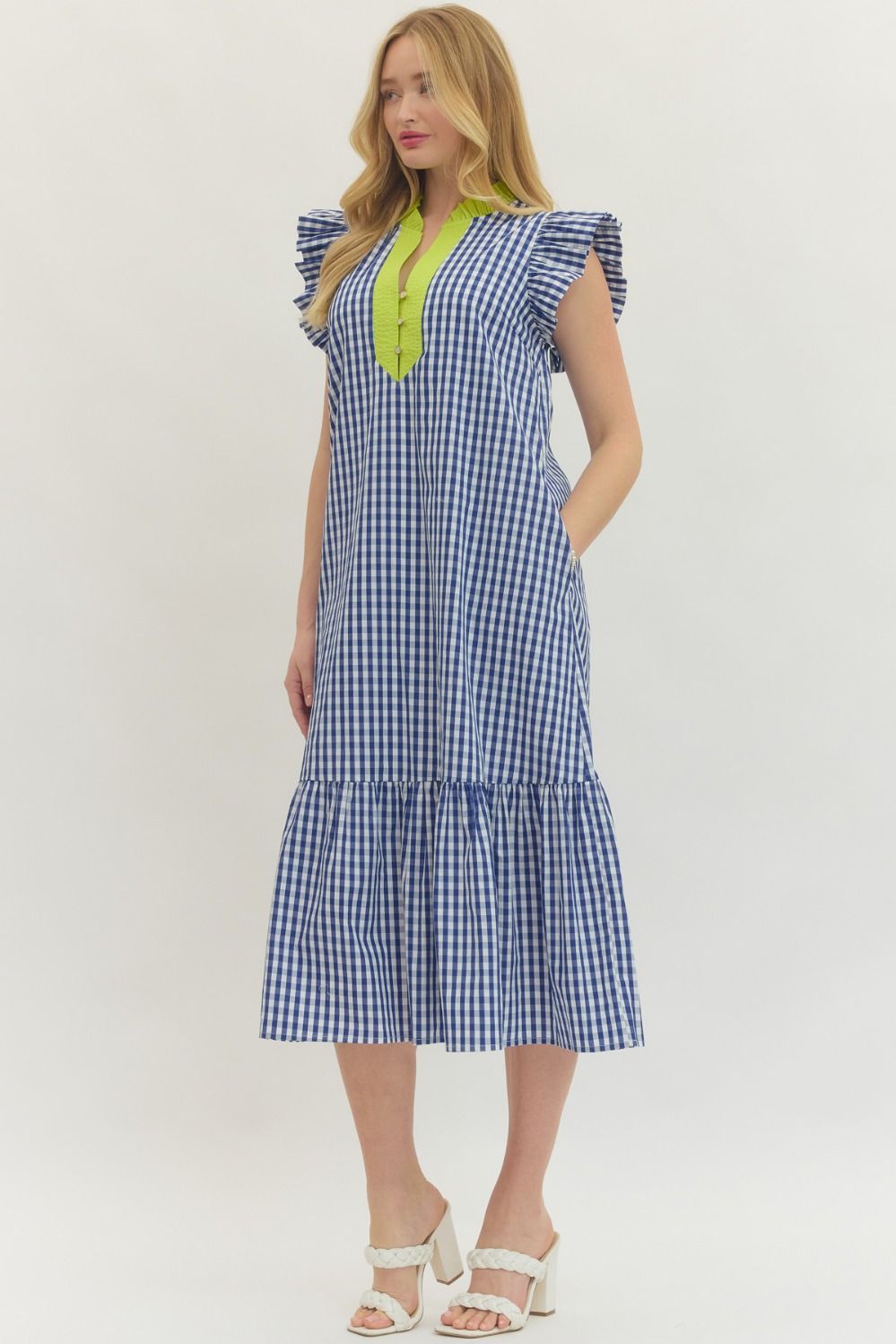 Gingham Flutter Sleeve Midi Dress