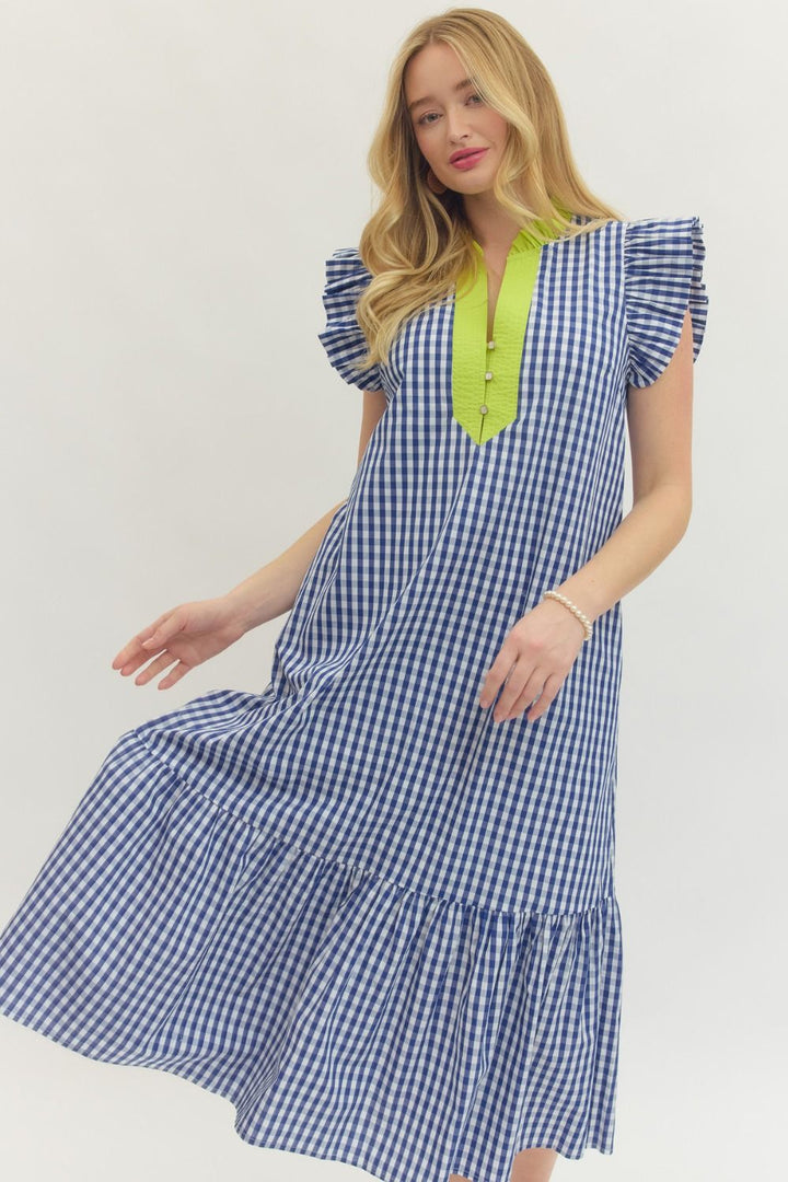 Gingham Flutter Sleeve Midi Dress