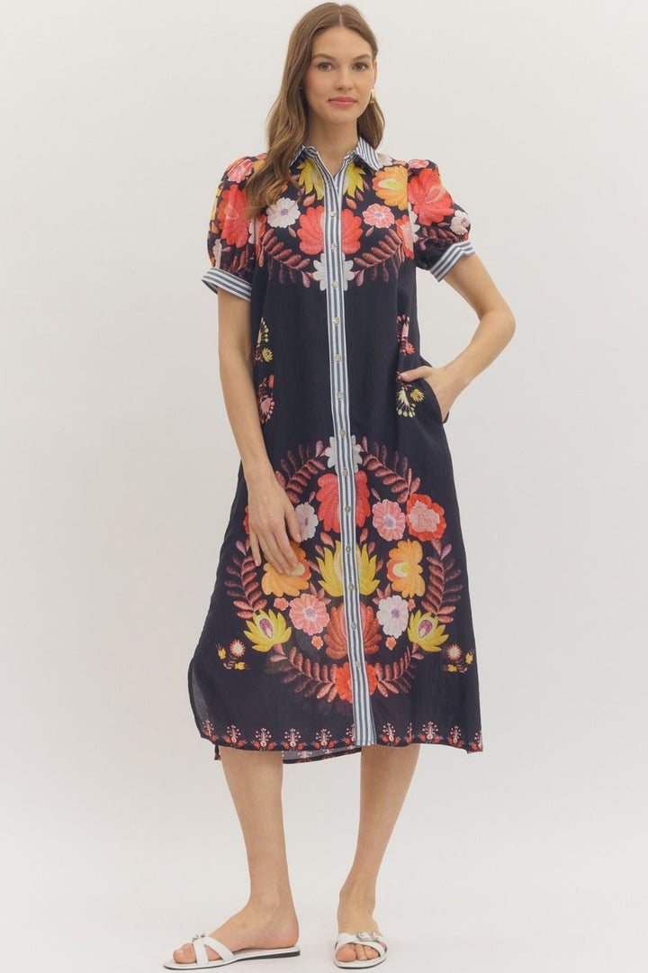 Botanical Short Sleeve Midi Dress