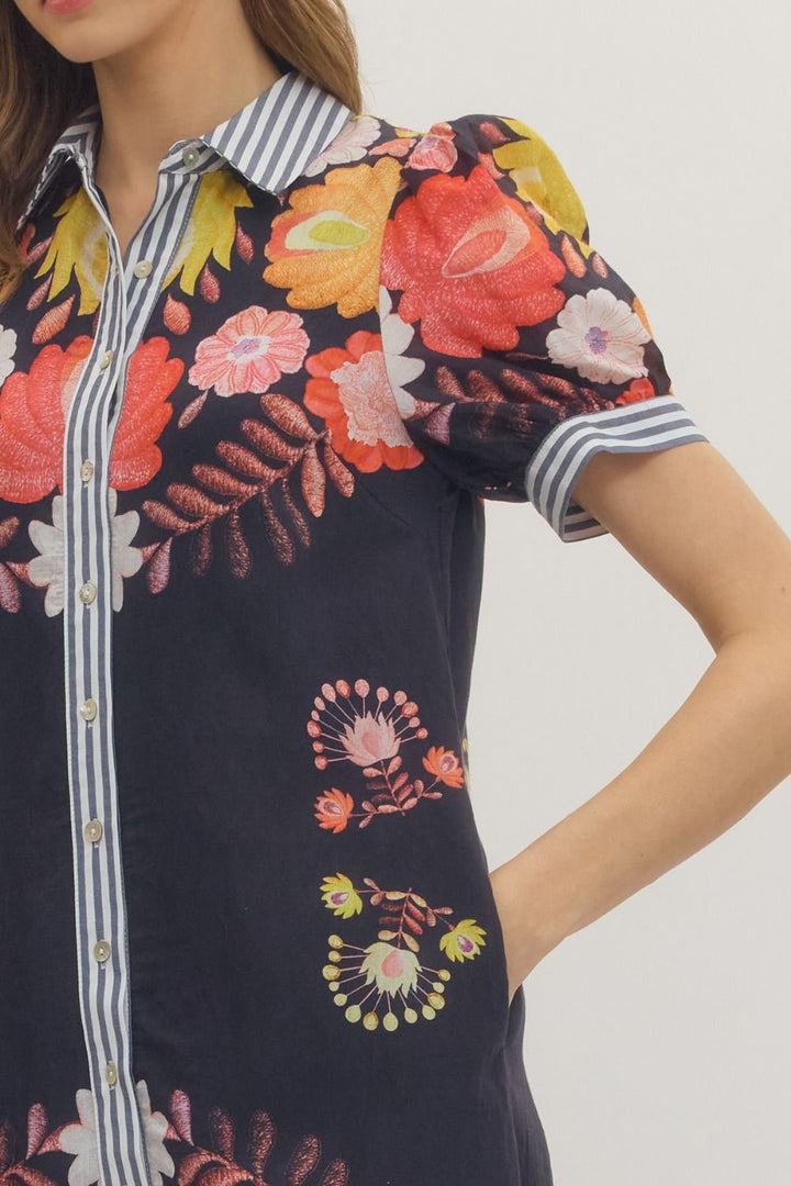 Botanical Short Sleeve Midi Dress