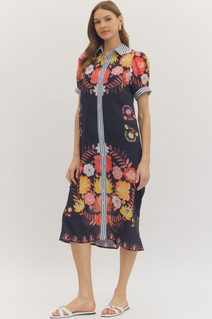 Botanical Short Sleeve Midi Dress