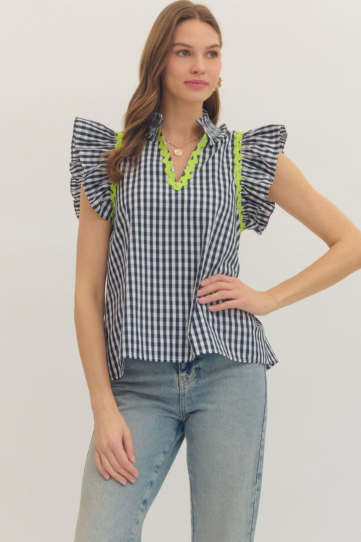 Checkered Flutter Sleeve Top