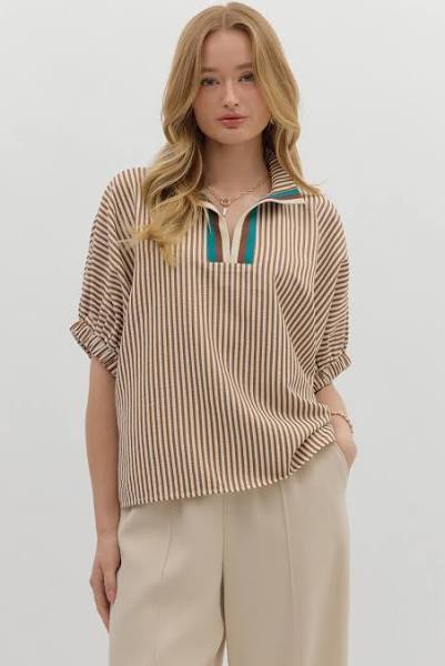 T25970 Stripe Elastic SLV Multicolor Top