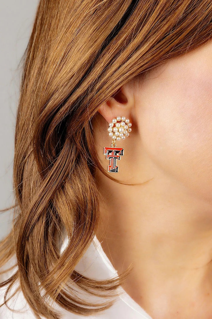 Texas Tech Logo Pearl Cluster Drop Earrings